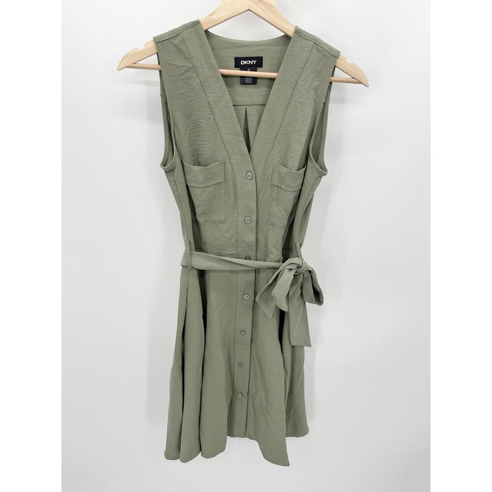 DKNY Women Button Front Dress Size 2 Olive Green Belted Sleeveless Career Office